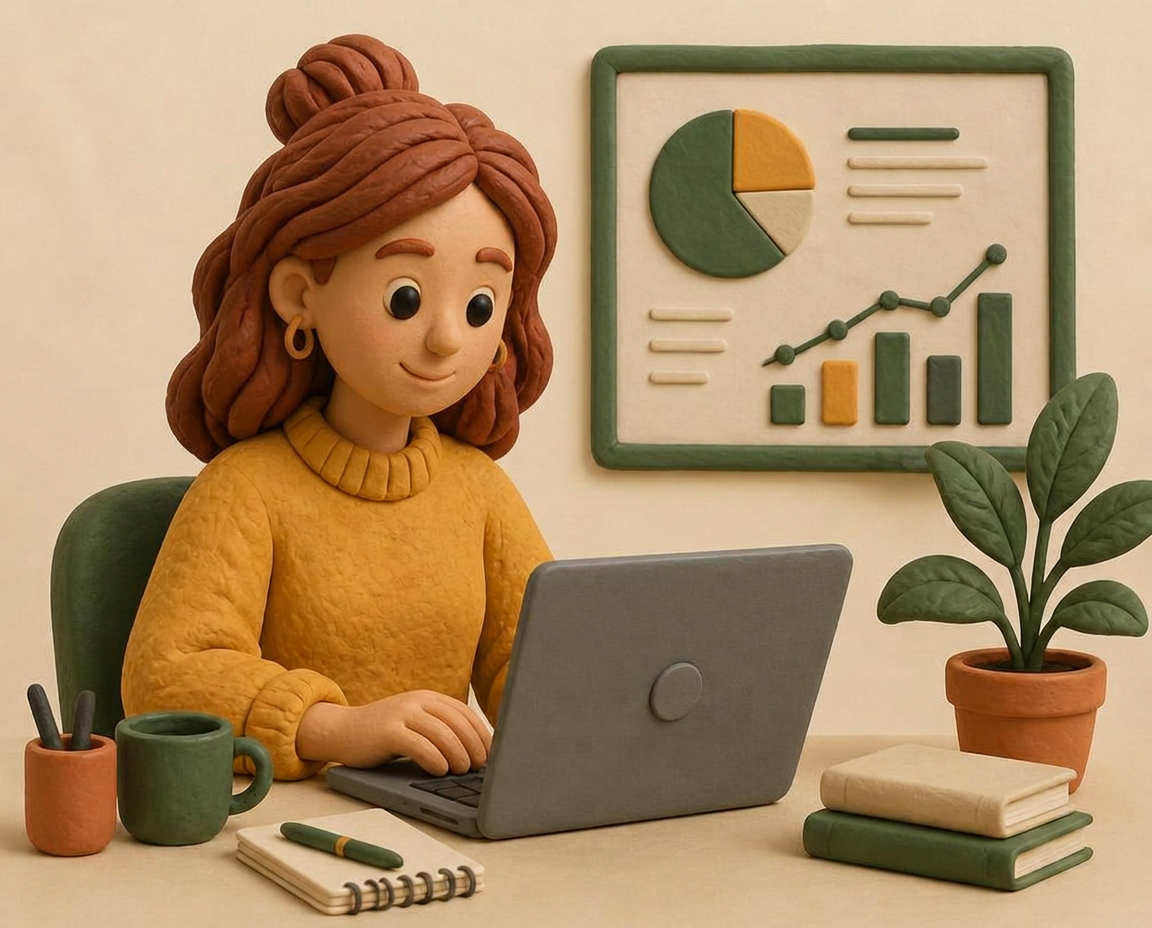 Clay-style illustration of a marketer reviewing performance charts